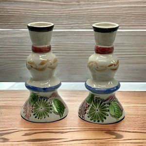VTG Set 2 Mexican Hand Painted In A Floral Pattern Candlesticks. Signed Mexico